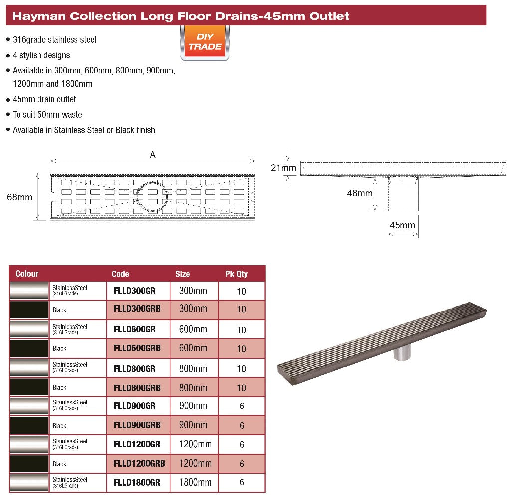 FLOOR LONG DRAIN - 1200MM GRATE COVER 316 S/STEEL