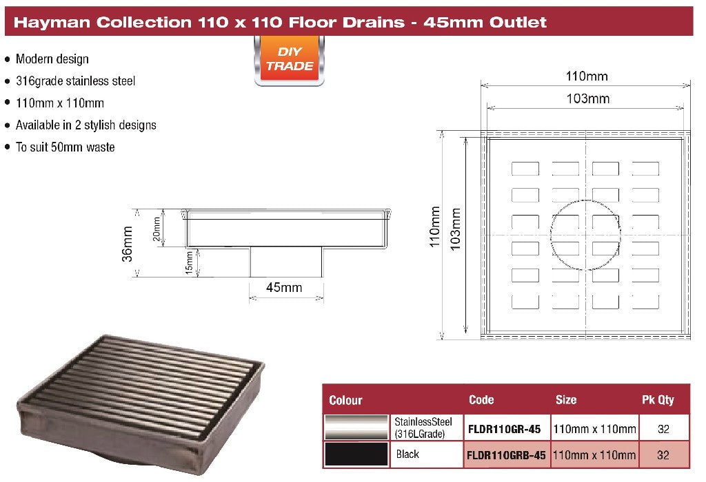 FLOOR DRAIN S/STEEL 110X110MM GRATE COVER - 45MM OUTLET 316 GRADE