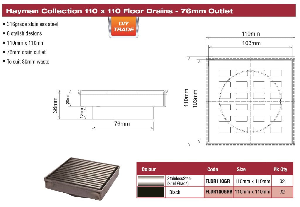 FLOOR DRAIN S/STEEL 110X110MM GRATE COVER 76MM 316 GRADE