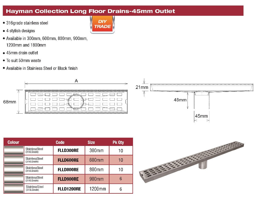 DTA FLOOR LONG DRAIN 900MM RECT COVER S/STEEL