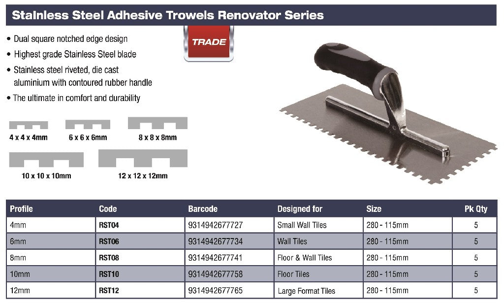 DTA TROWEL S/STEEL - ADHESIVE 12MM WITH RUBBER HANDLE