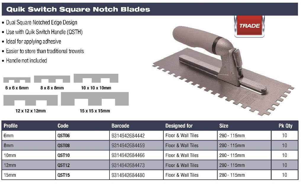DTA QUIK SWITCH 15MM SQUARE NOTCH TROWEL BLADE