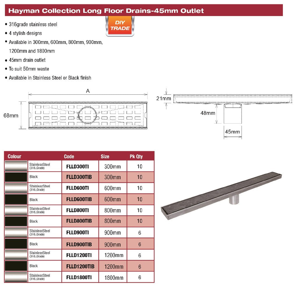 DTA FLOOR LONG DRAIN 900MM TILE-IN COVER S/STEEL