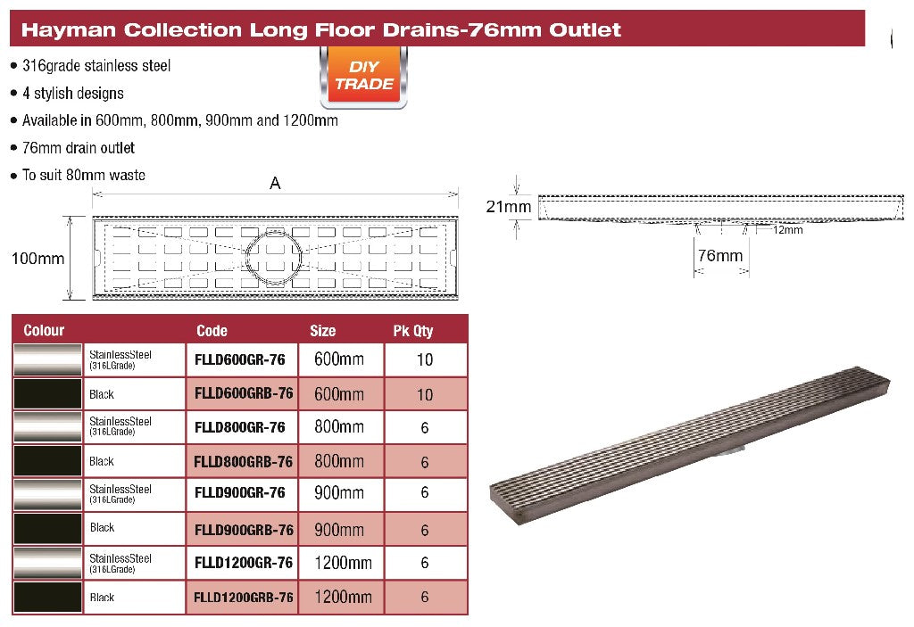 FLOOR LONG DRAIN - 600MM GRATE COVER 316 S/STEEL SUIT 76MM