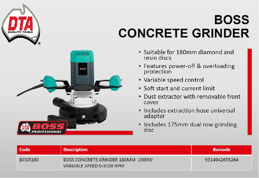 DTA BOSS CONCRETE GRINDER 180MM 1900W VARIABLE SPEED