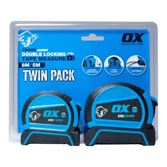 OX TRADE TWIN PACK DOUBLE LOCKING TAPE MEASURE - 5M / 8M