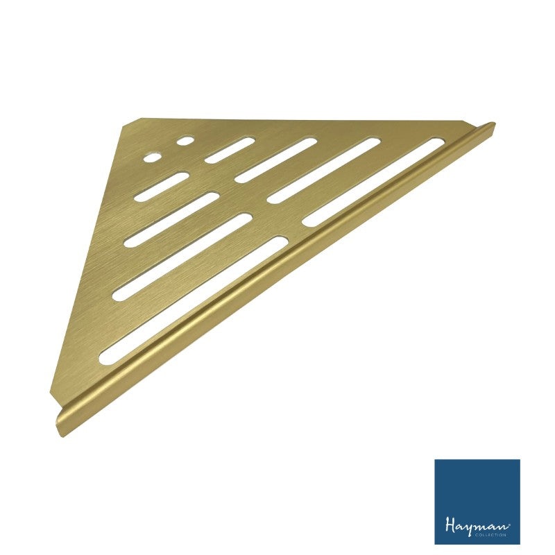 HAYMAN ALUMINIUM CORNER SHELF 346MM WIDTH BRUSHED GOLD