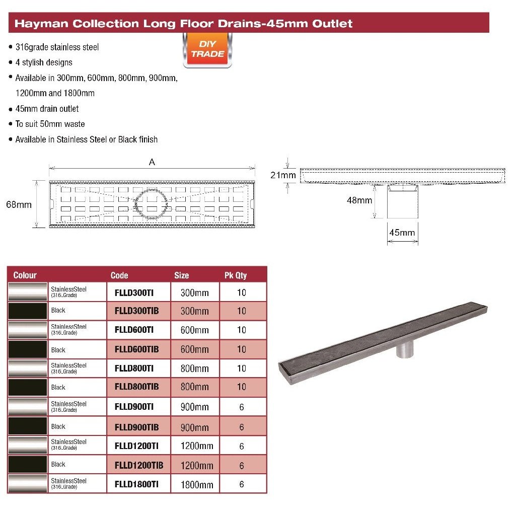 DTA FLOOR LONG DRAIN 1200MM TILE-IN COVER S/STEEL