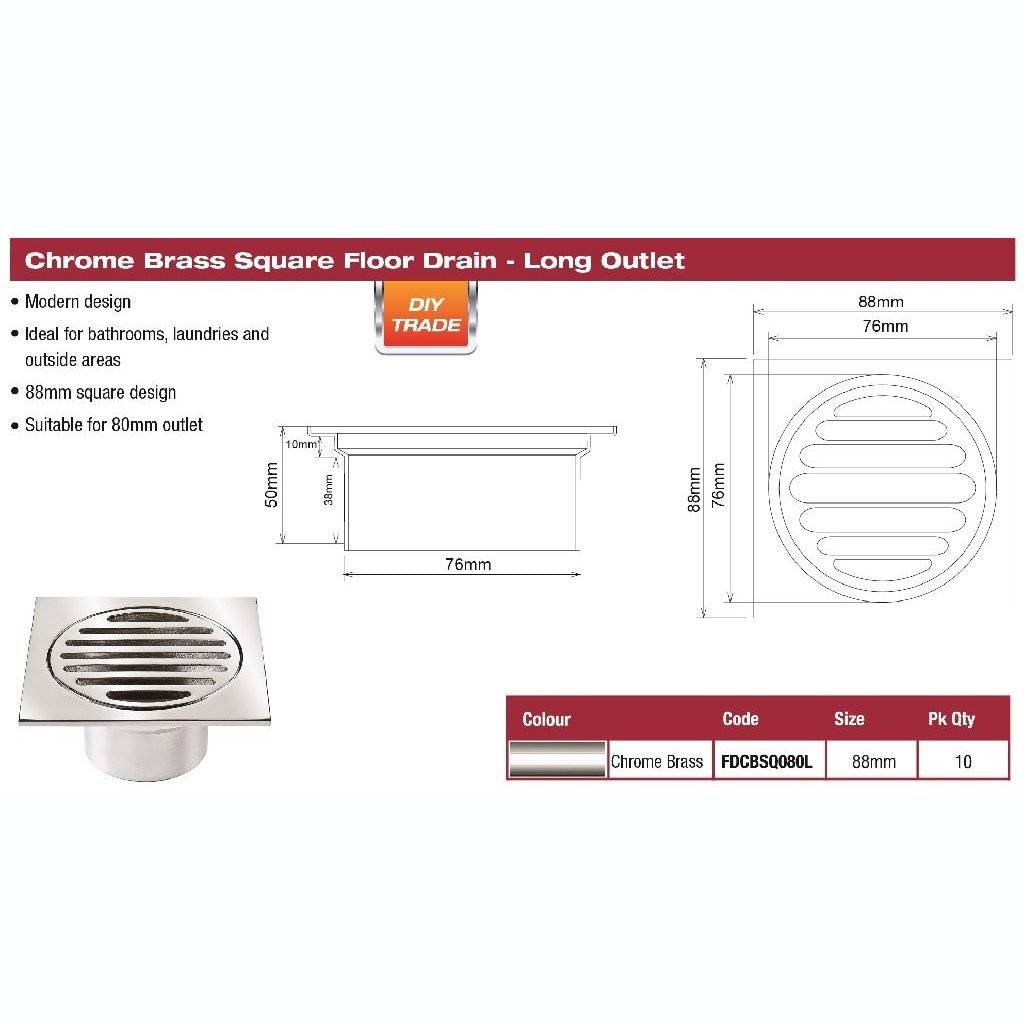 DTA FLOOR DRAIN SQUARE 80MM LONG BASE C/PLATED