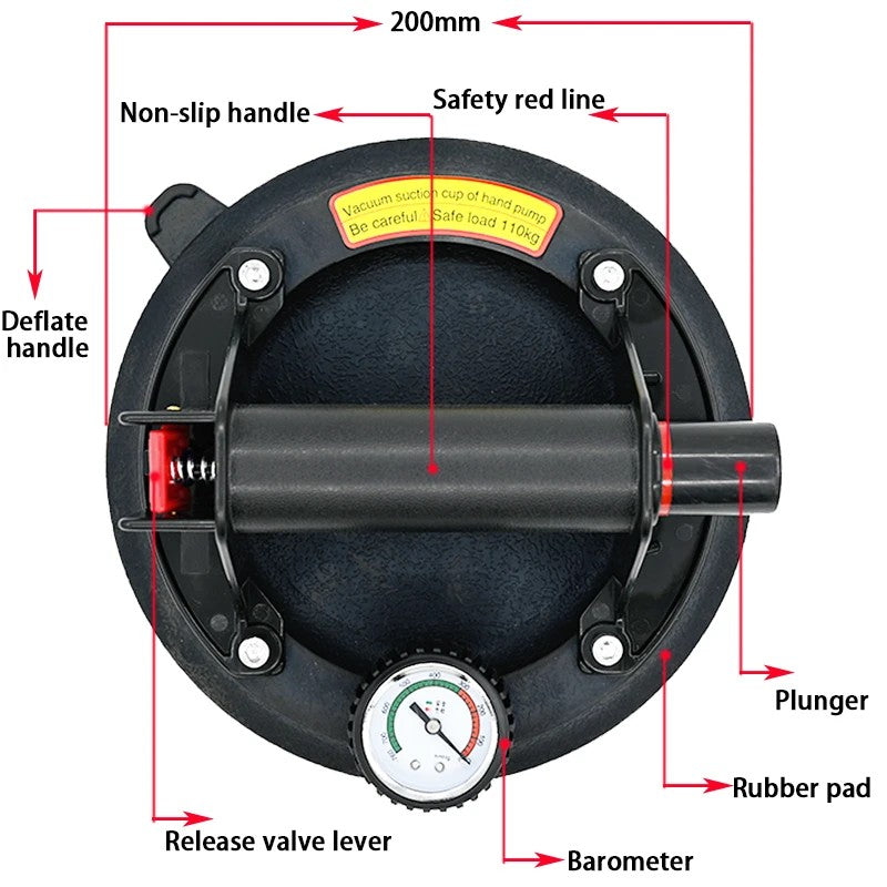 SUCTION CUP VACCUM PUMP WITH DIAL 200MM 110KG