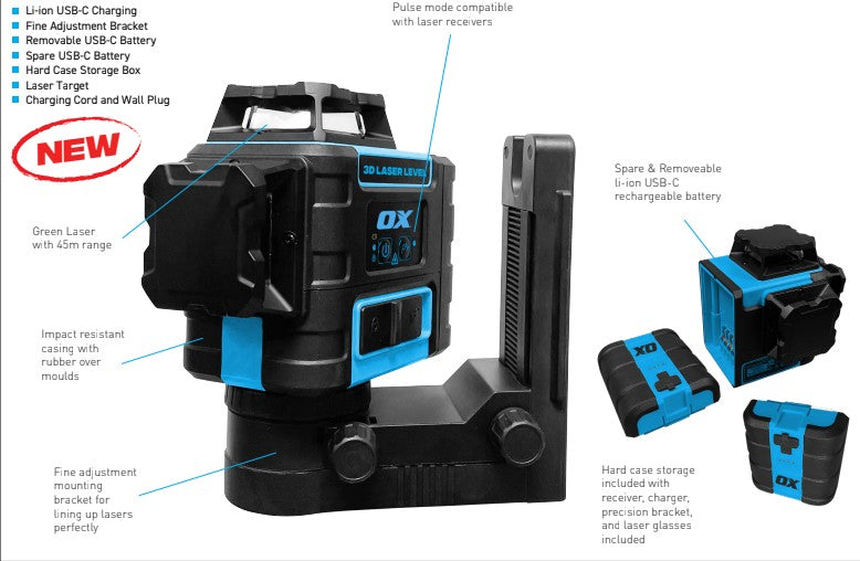 OX PRO 3 AXIS LASER LEVEL KIT 45M 2 BATTERIES B B Hardware OX PRO 3 AXIS LASER LEVEL KIT 45M 2 BATTERIES B B Hardware