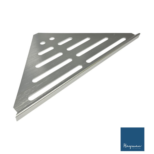 HAYMAN ALUMINIUM CORNER SHELF 346MM WIDTH BRUSHED SILVER