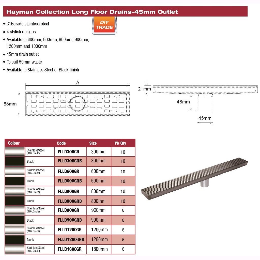 DTA FLOOR LONG DRAIN 800MM GRATE COVER S/STEEL