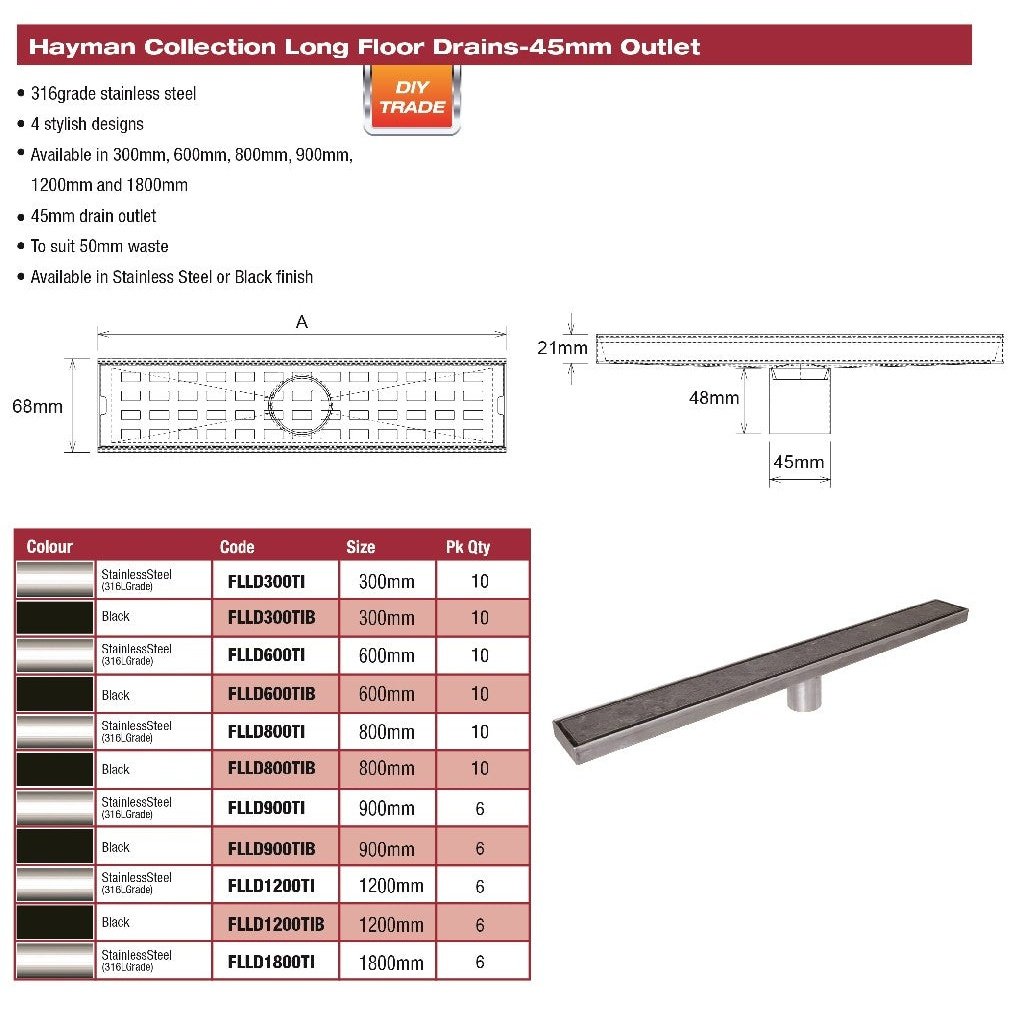 DTA FLOOR LONG DRAIN 800MM TILE-IN COVER S/STEEL BLACK